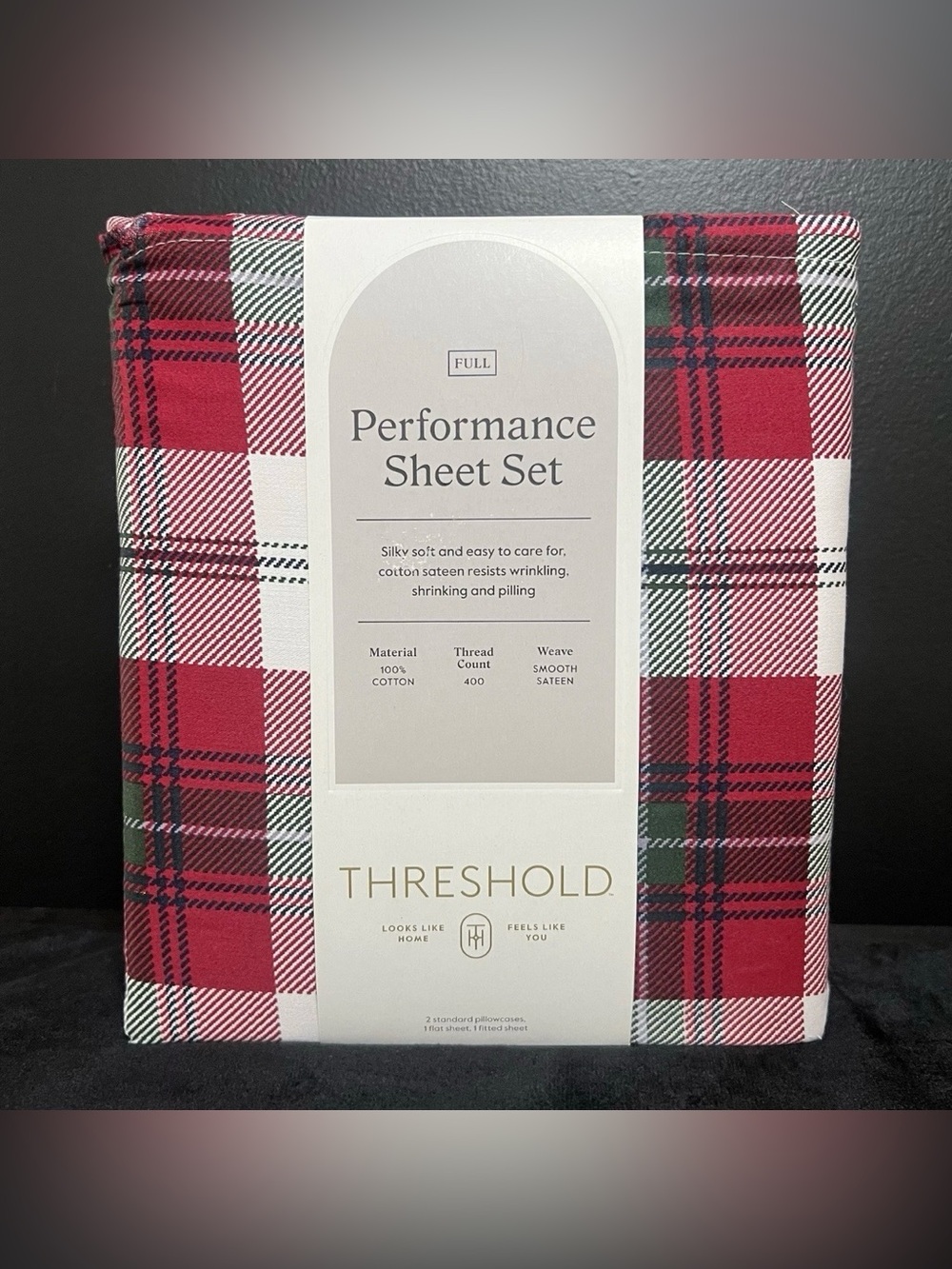 NEW Threshold 400 Thread Count Full Performance Sheet Set Red Plaid Cotton